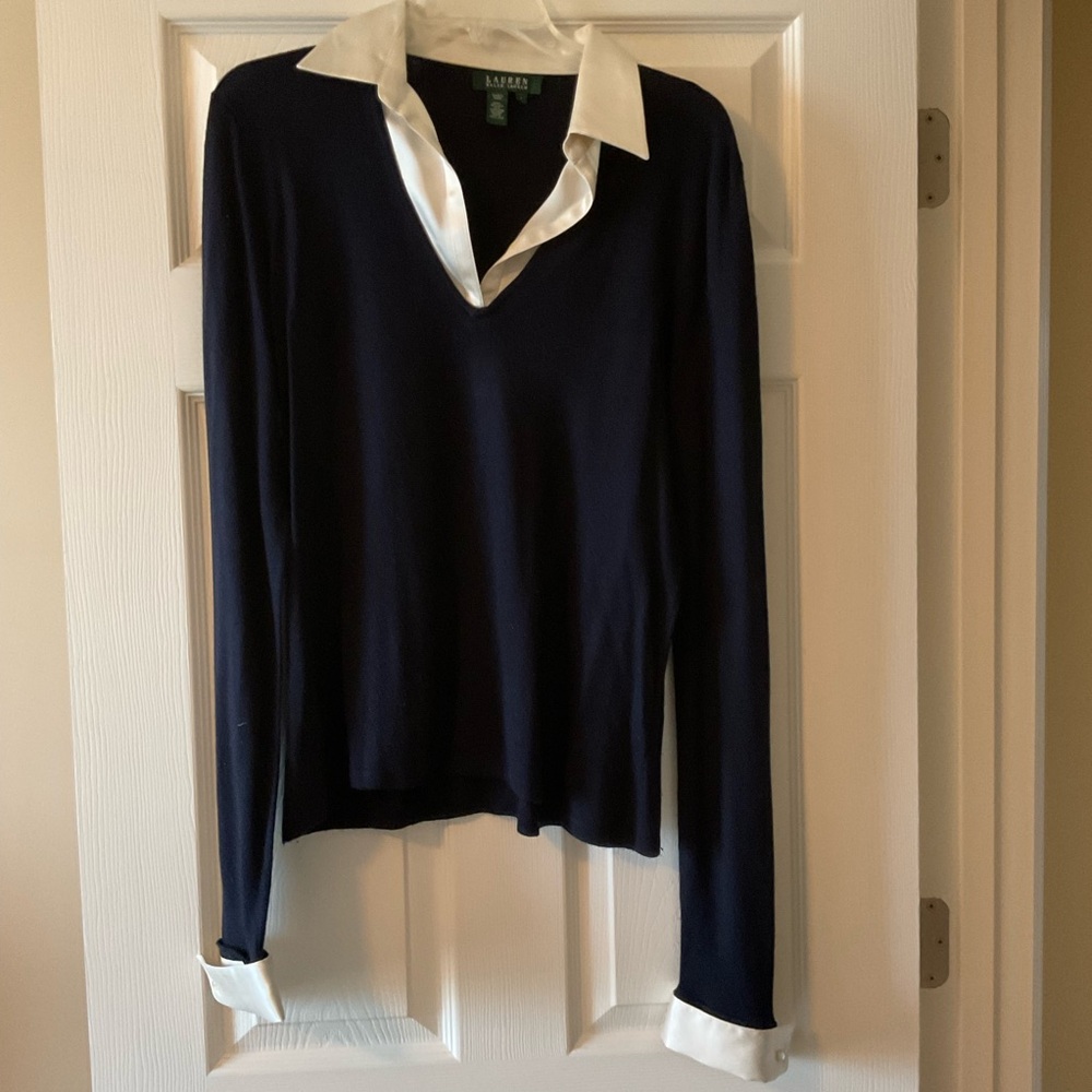 Lauren Ralph Lauren Cashmere Women's Black V-Neck Sweater with White Trim
